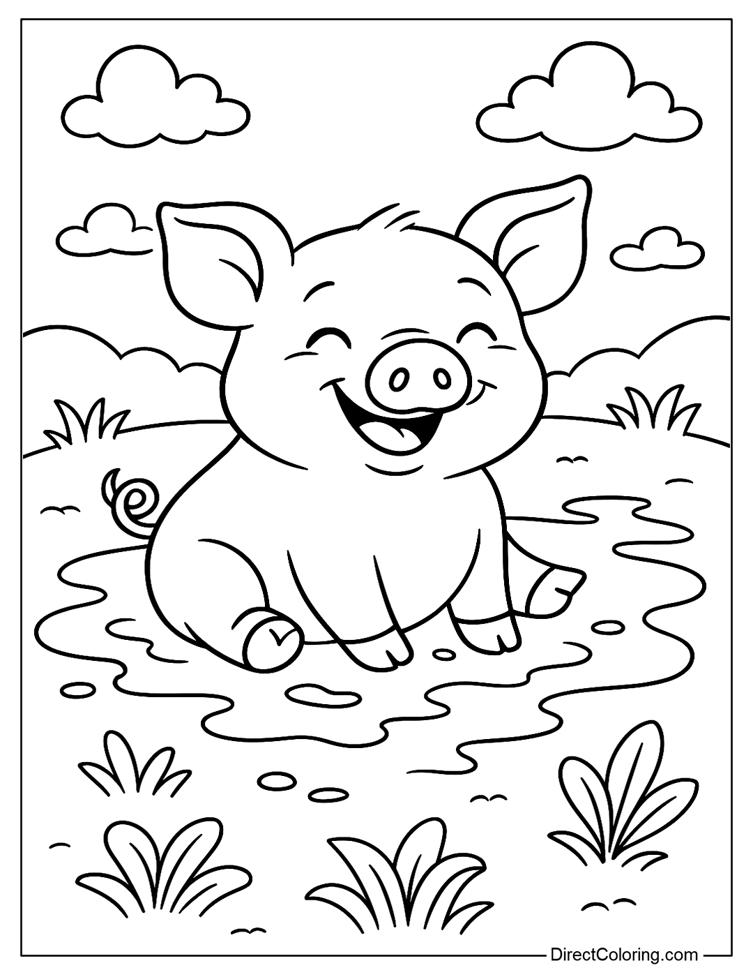 Cute Pig in Mud Coloring Page